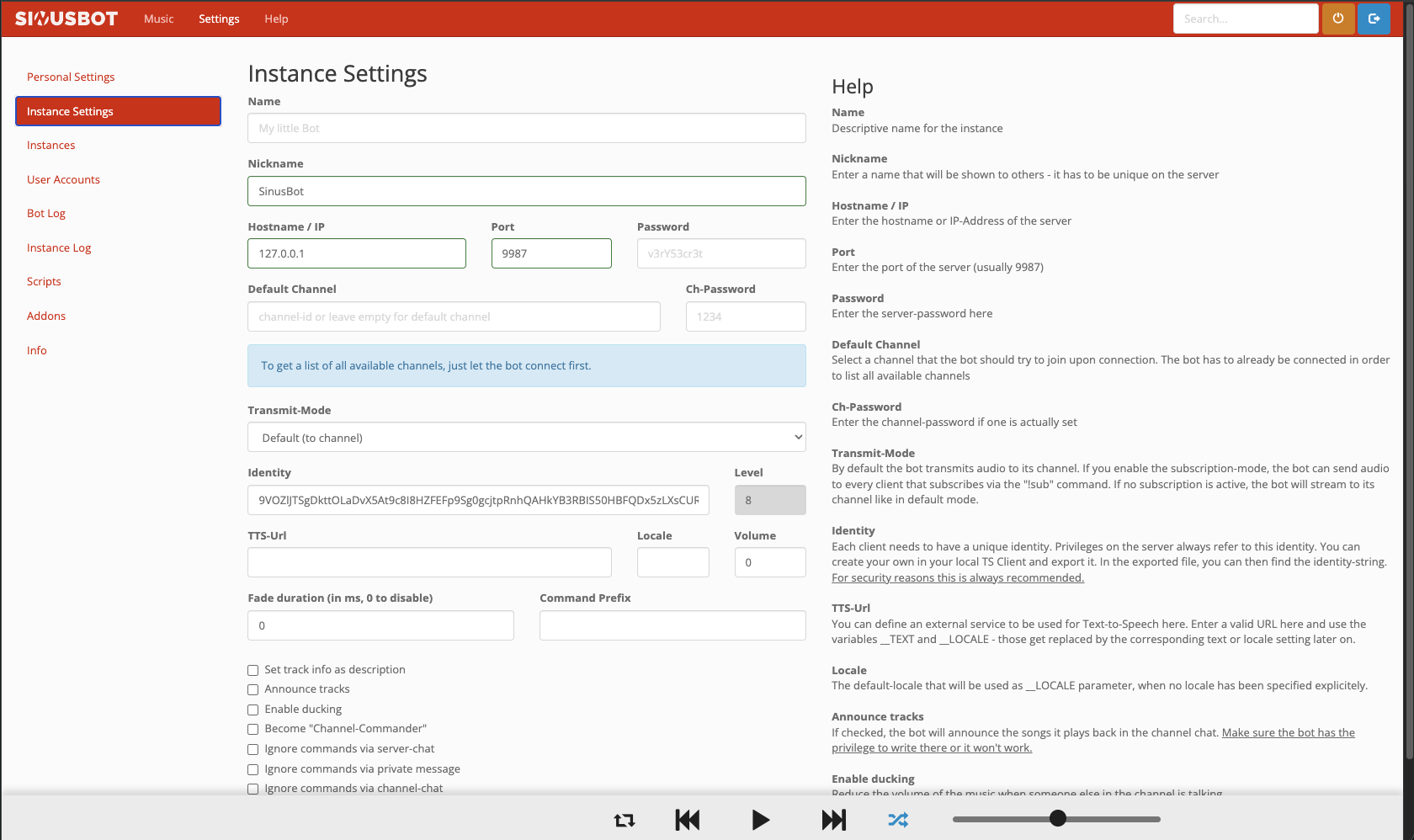 Sinusbot panel — Instance Settings: sunucu bağlantısı ve bot ayarları