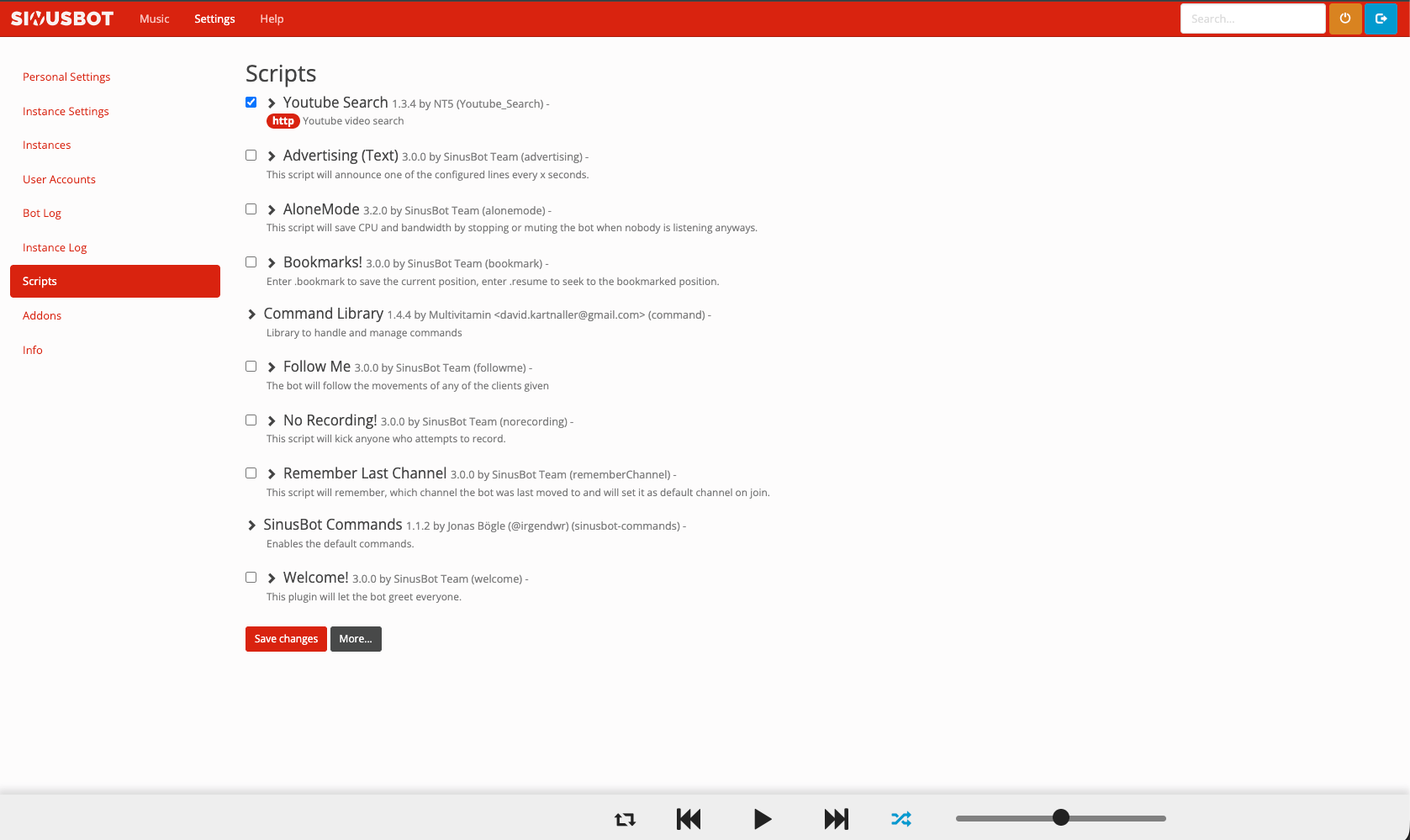 Sinusbot panel — Scripts ekranı: eklenti listesi ve etkinleştirme