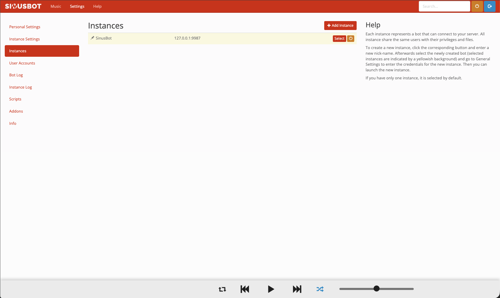 Sinusbot panel — Instances ekranı: bot örneklerinin listesi