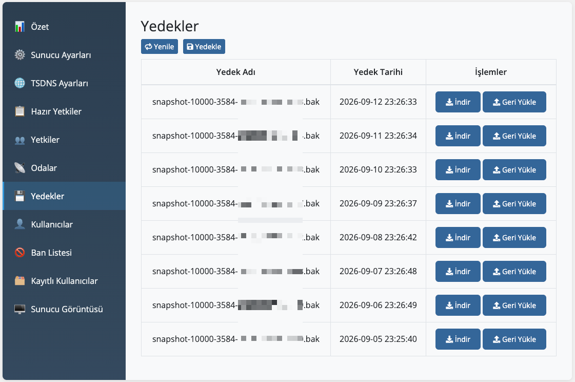 TSPANEL — Yedekleme ve Geri Yükleme ekranı